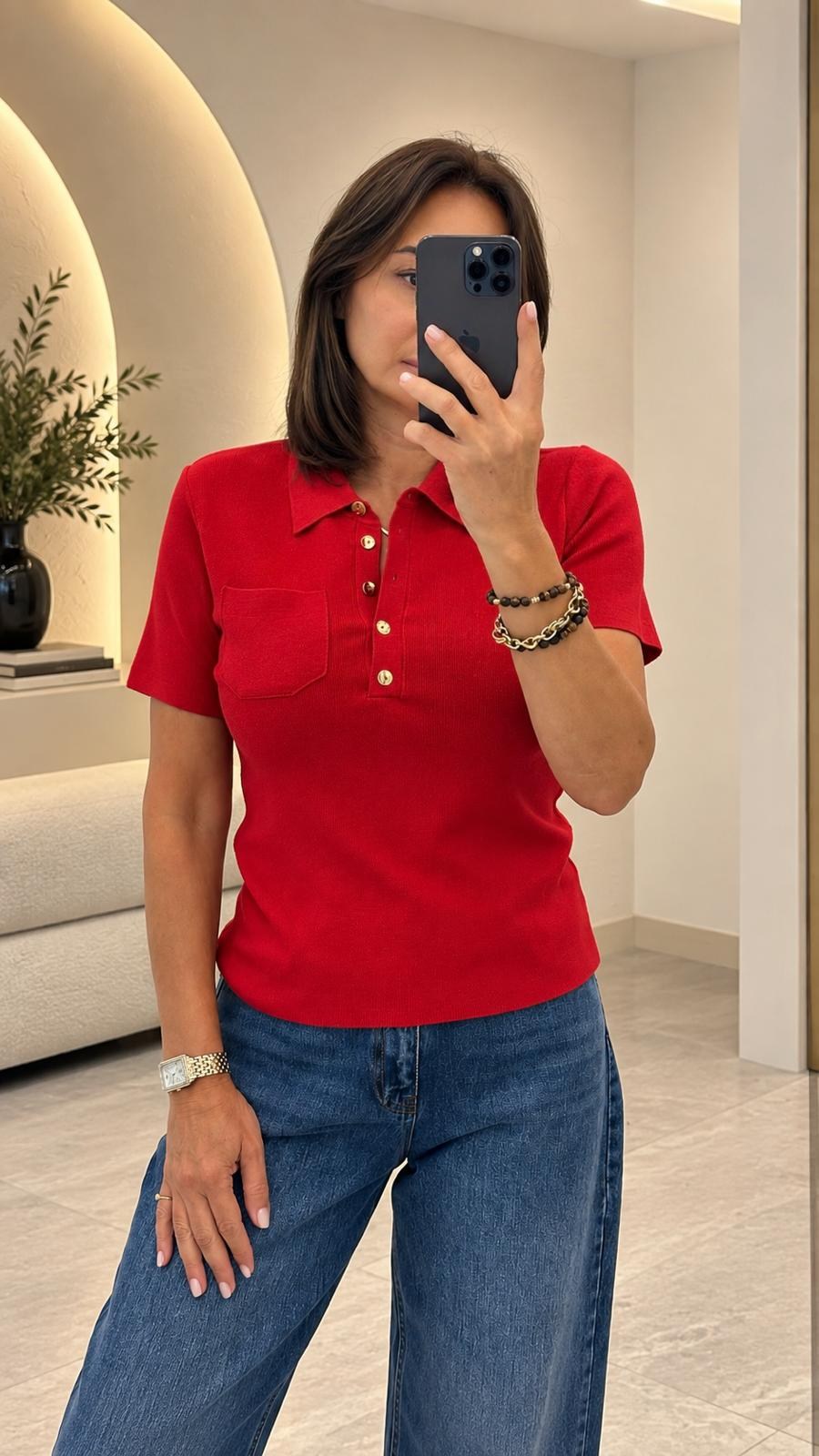 Kırmızı Polo Yaka Düğmeli Triko 140796