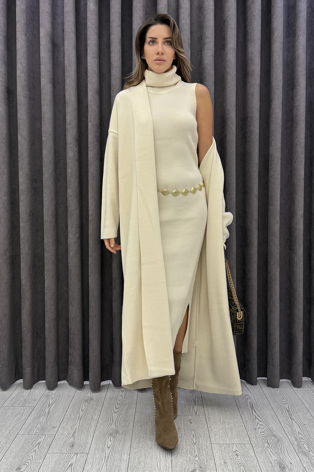 Krem Hırka Elbise Takım 3216