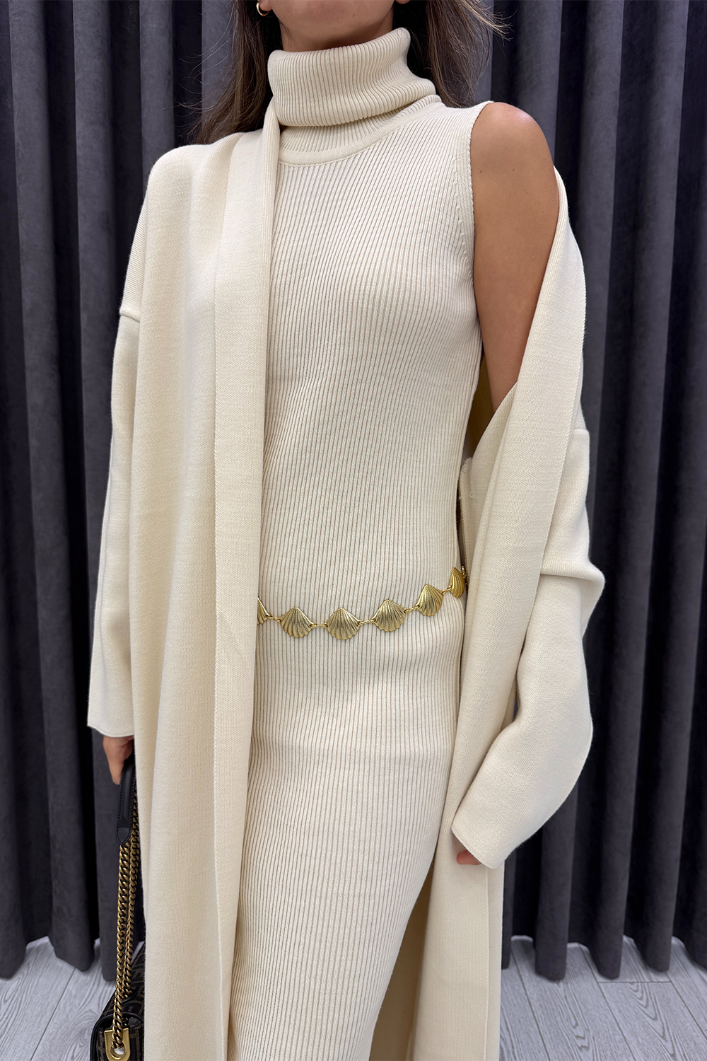 Krem Hırka Elbise Takım 3216