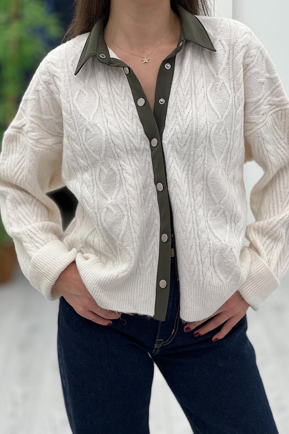 Krem Polo Yakalı Hırka 241063