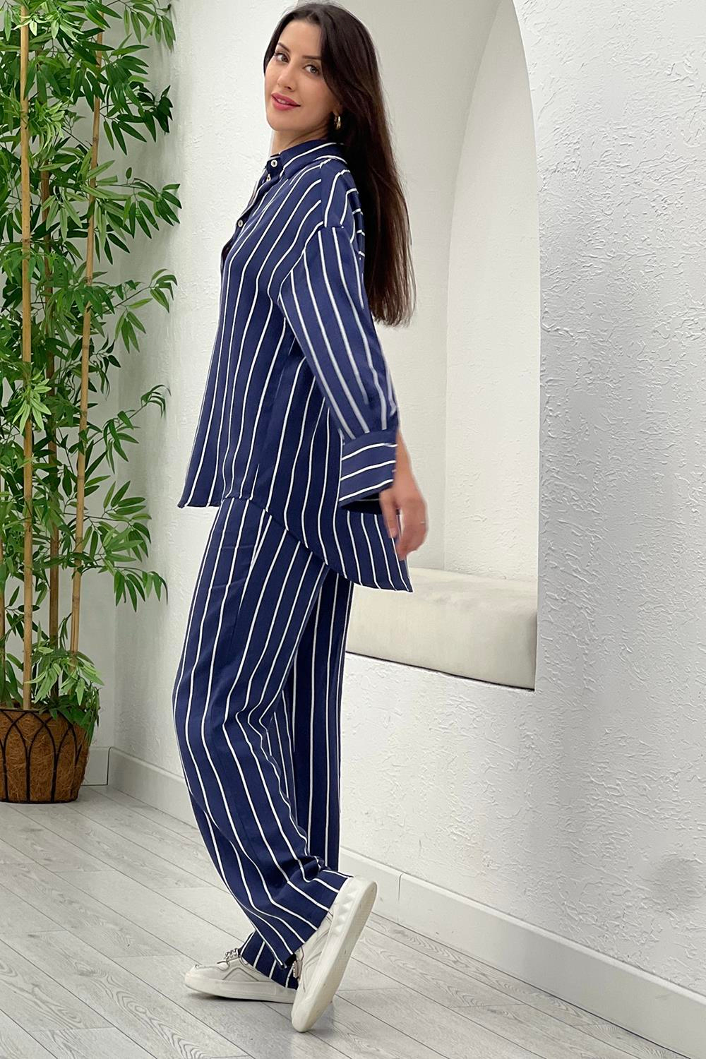 Lacivert Çizgili Tencel Gömlek Pantolon Takım 2099