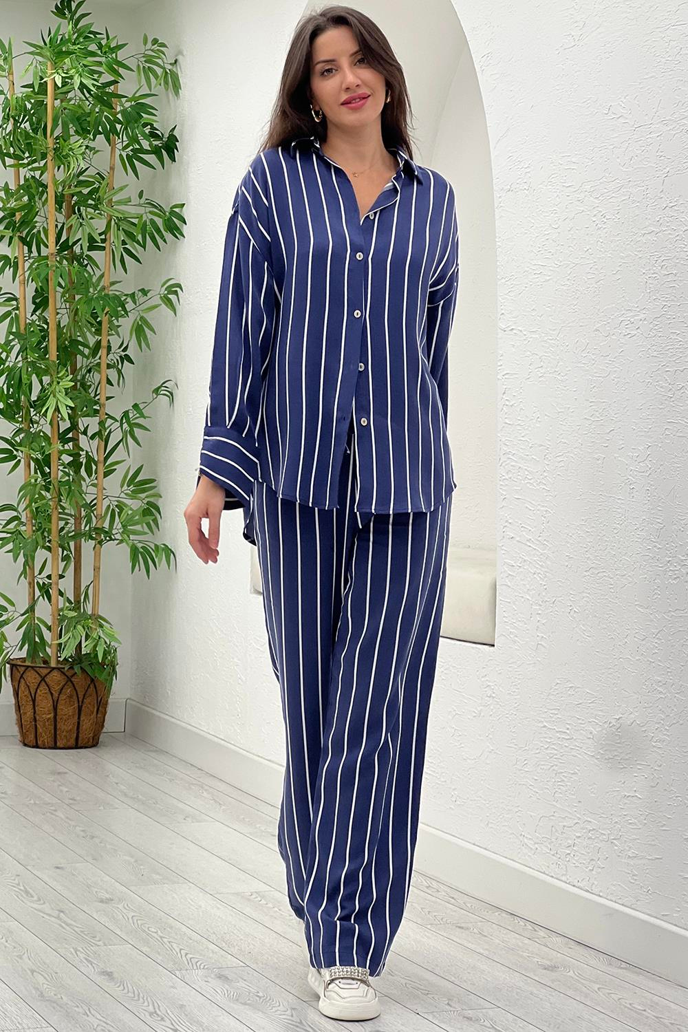 Lacivert Çizgili Tencel Gömlek Pantolon Takım 2099