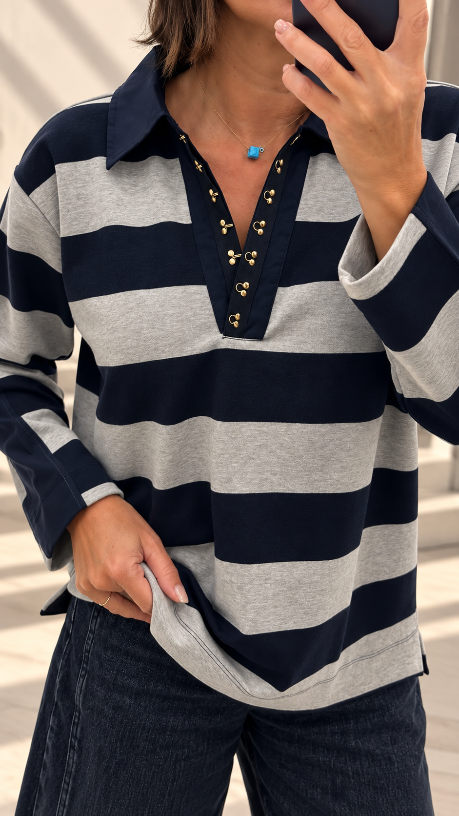 Lacivert-Gri Polo Yaka Çizgili Sweatshirt 4321