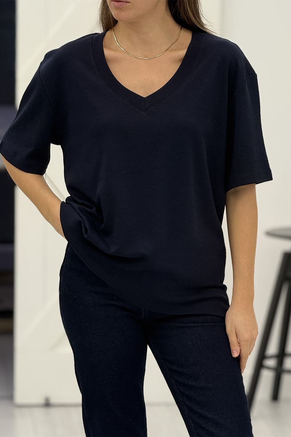 Lacivert V Yaka Kısa Kollu Tshirt 3296