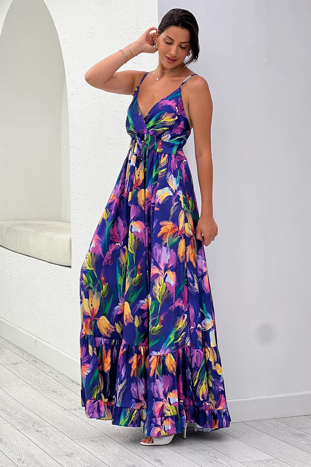 Mor Desenli Saten Elbise 37499
