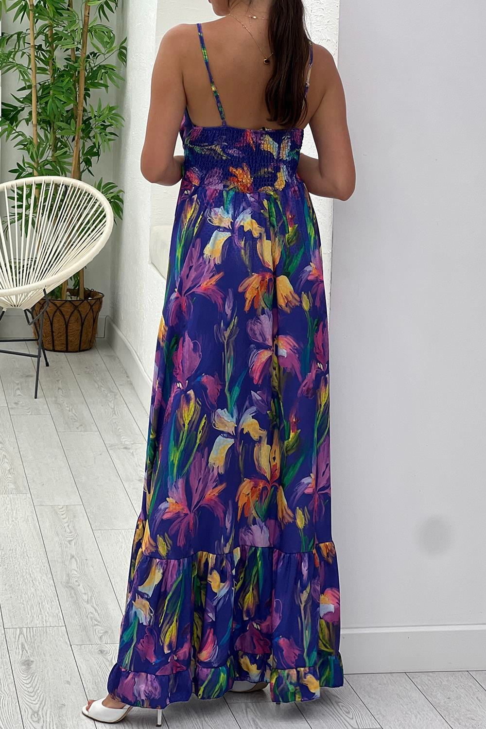 Mor Desenli Saten Elbise 37499