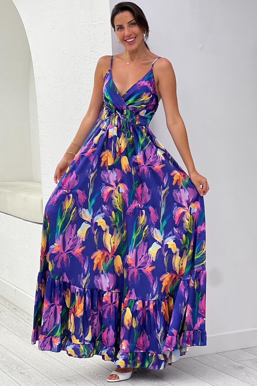 Mor Desenli Saten Elbise 37499
