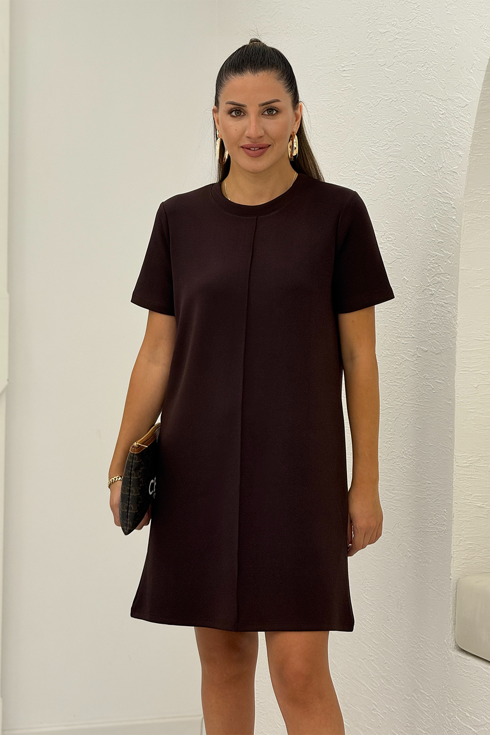 Mürdüm Önü Dikişli Elbise 3149