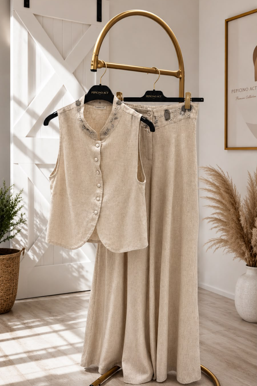 Naturel Keten Yelek Pantolon Takım 39704