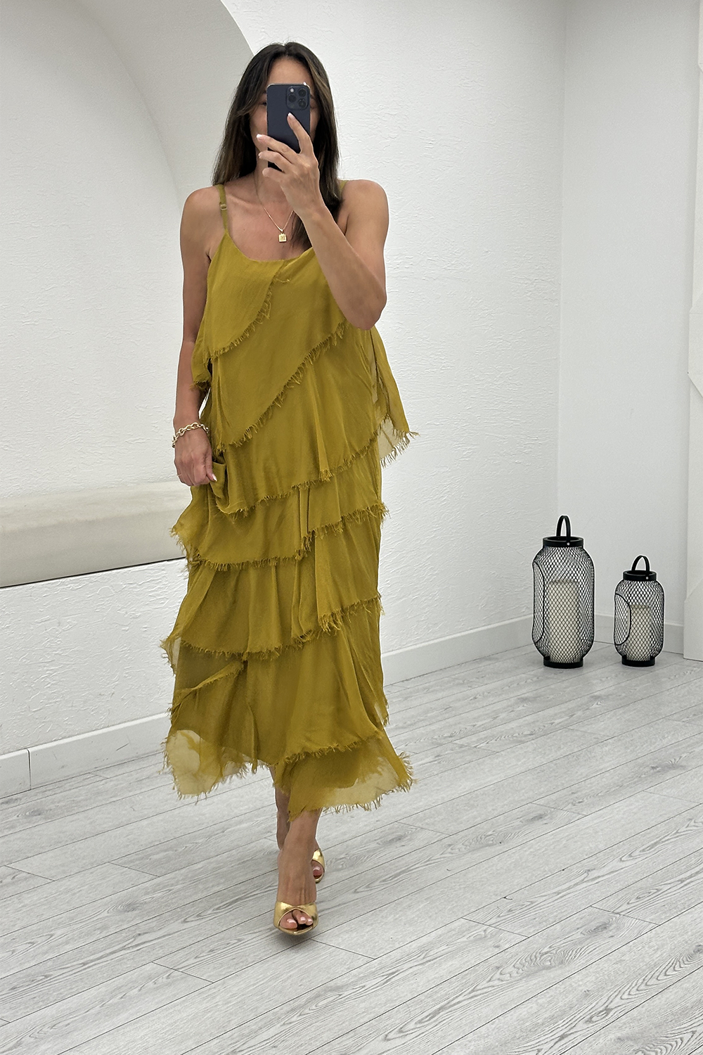 Olive Katlı İpek Elbise 67340