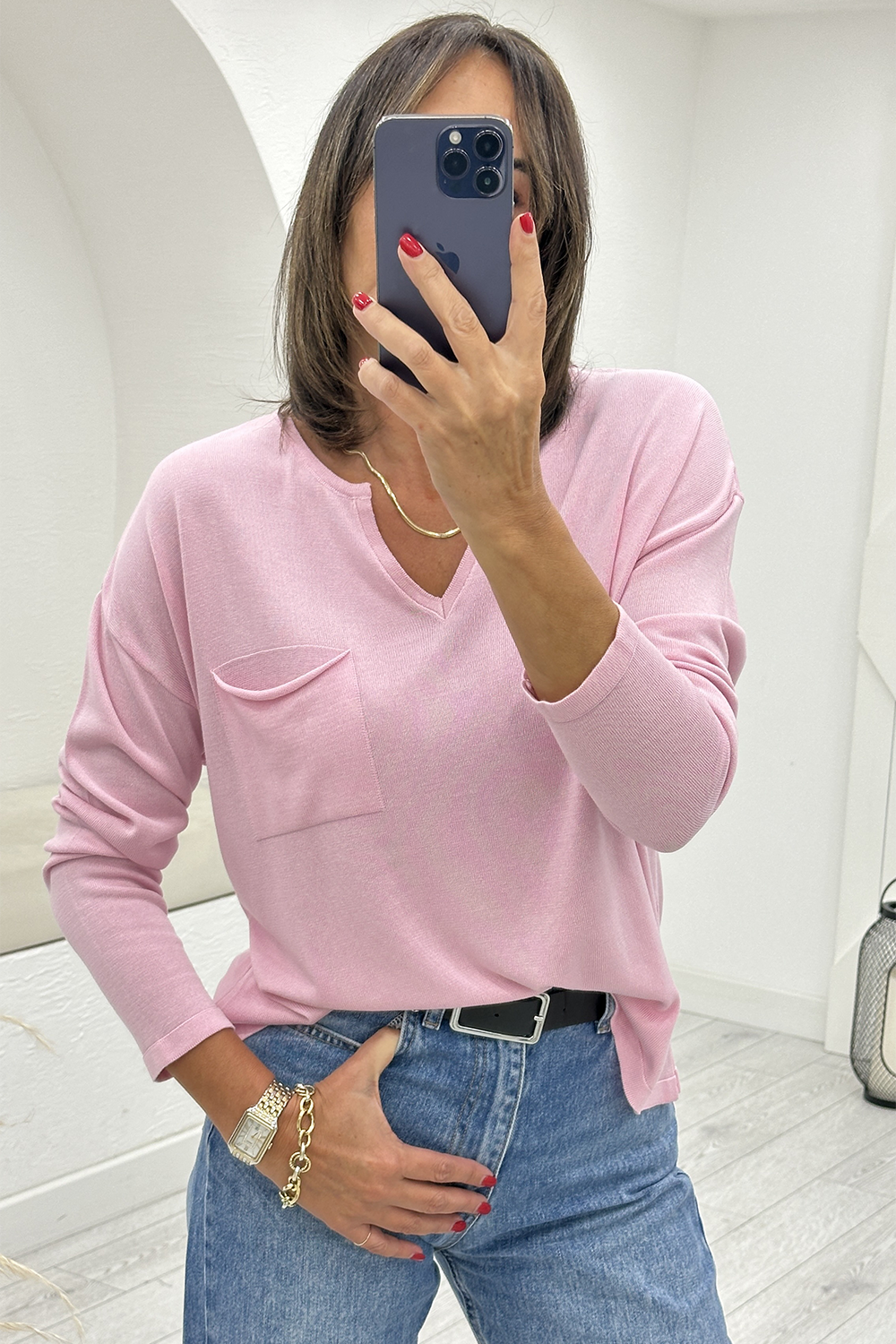 Pembe Dökümlü V Yaka Triko 251370