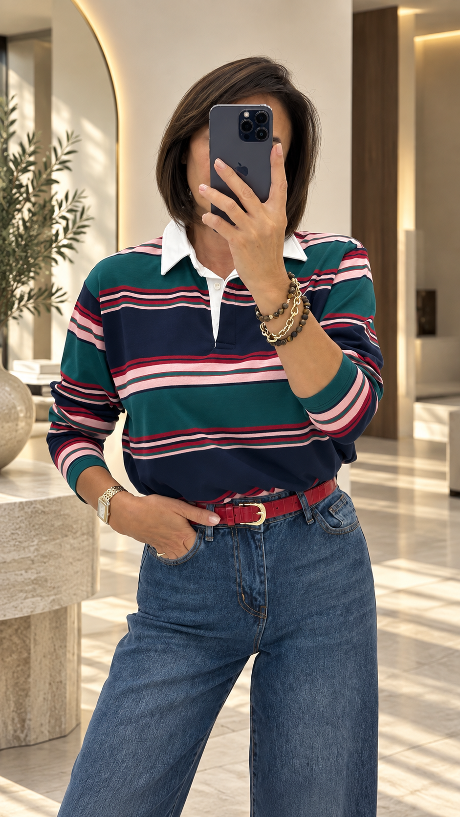 Renkli Polo Yaka Çizgili Sweatshirt 261004
