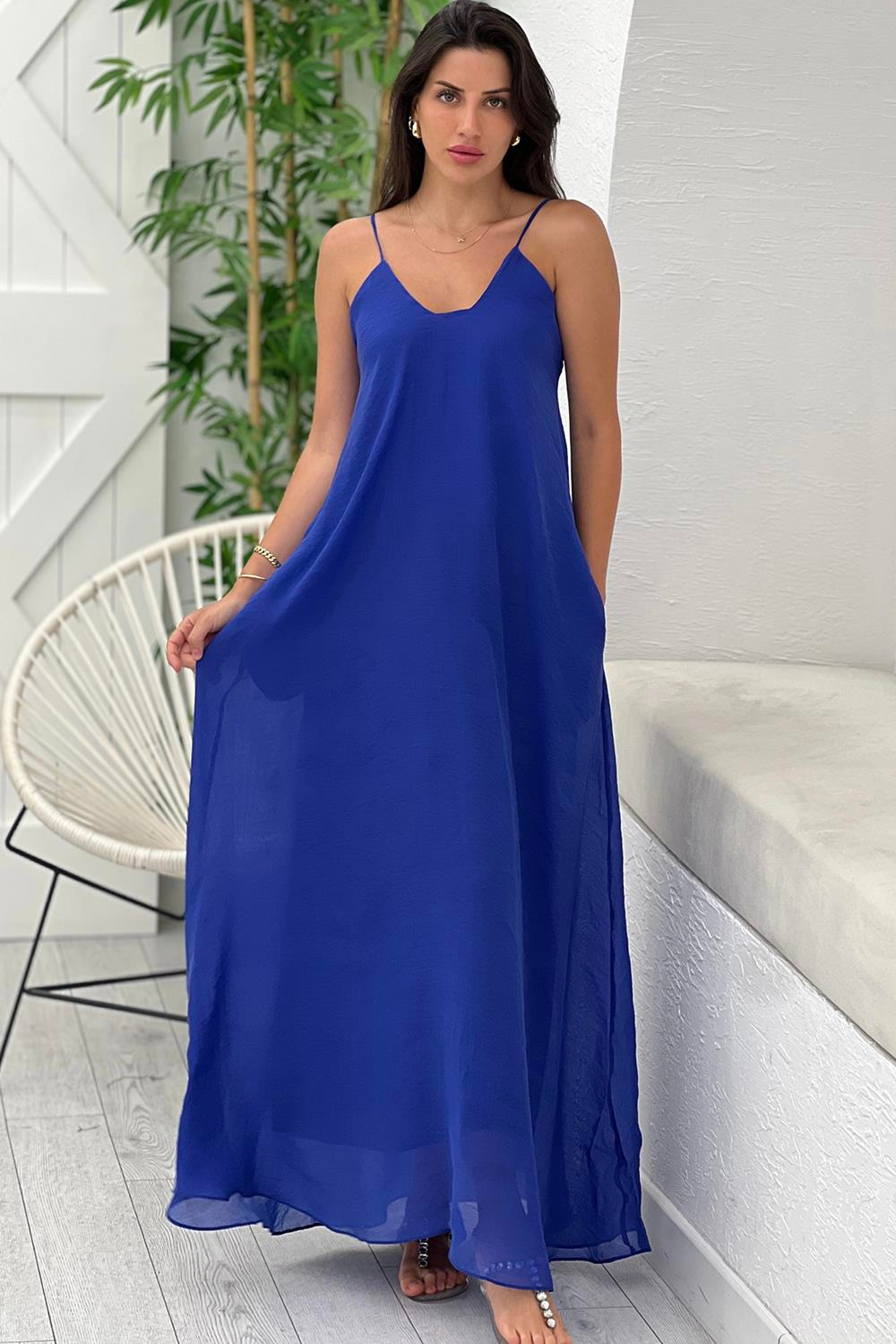 Saks Askılı Maxi Boy Elbise 3227