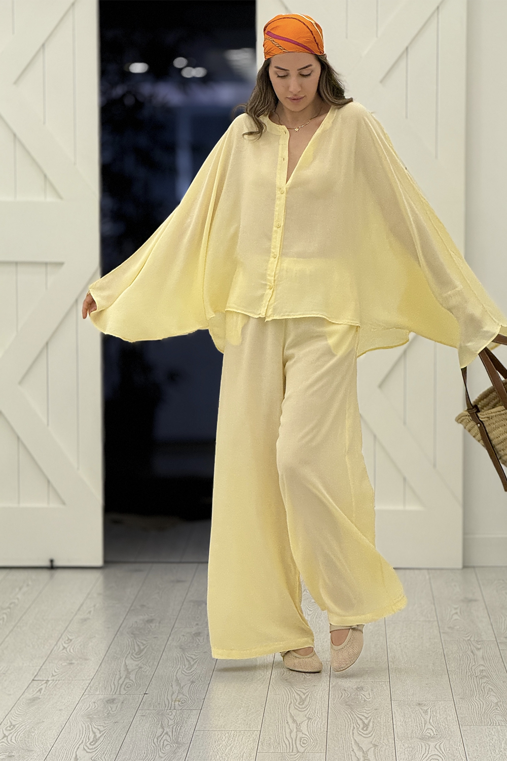 Sarı Oversize Yarasa Kol Gömlek Pantolon Takım 1008