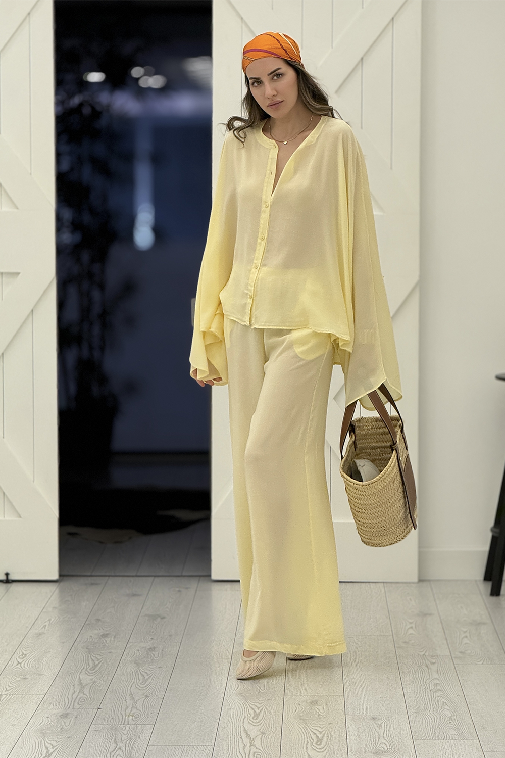 Sarı Oversize Yarasa Kol Gömlek Pantolon Takım 1008