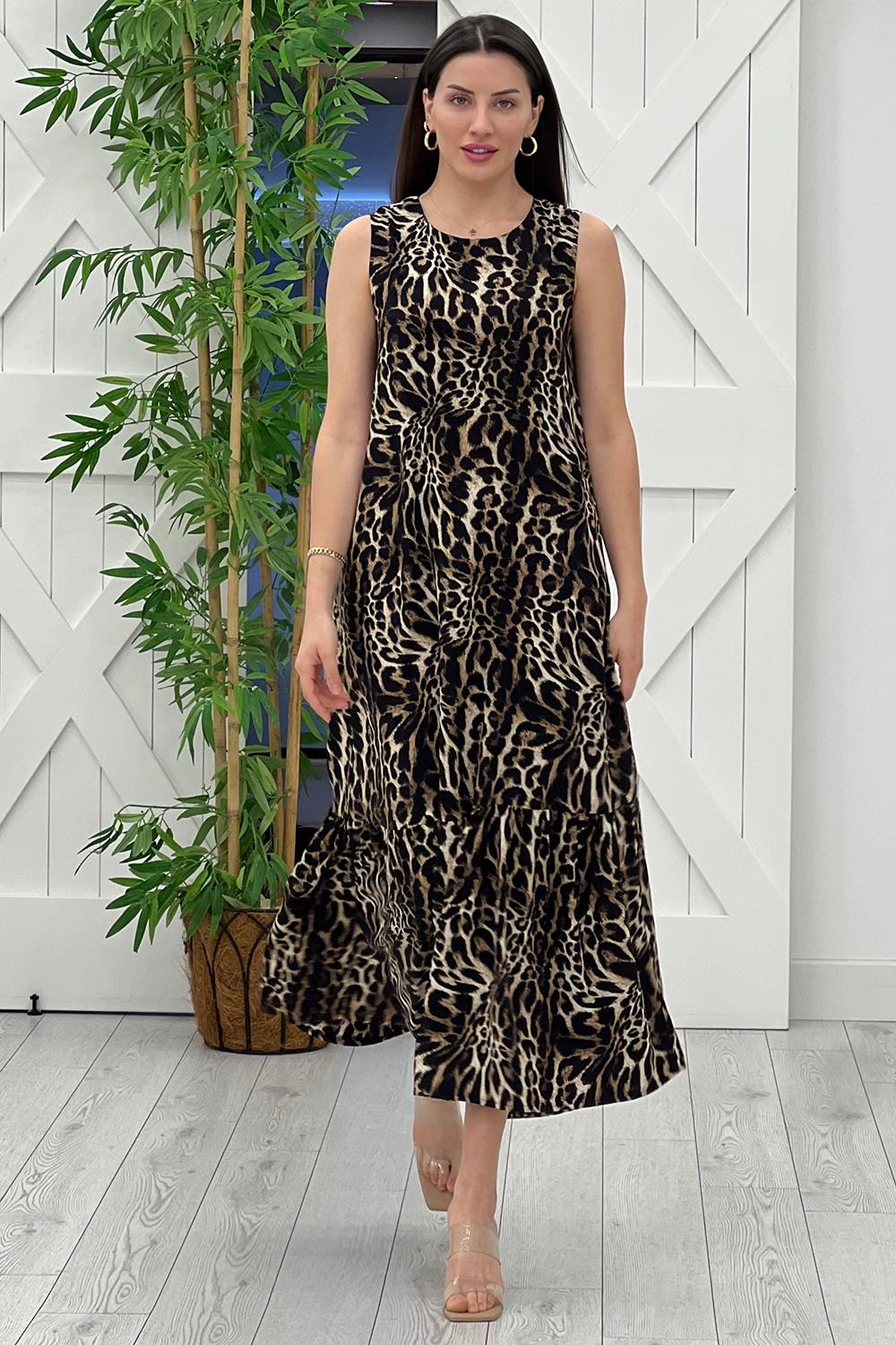 Siyah Eteği Volanlı Leopar Desen Elbise 8134