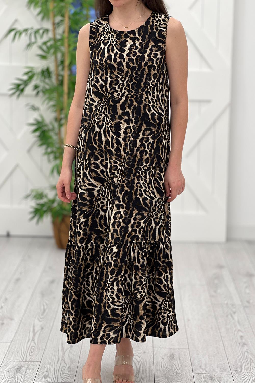Siyah Eteği Volanlı Leopar Desen Elbise 8134