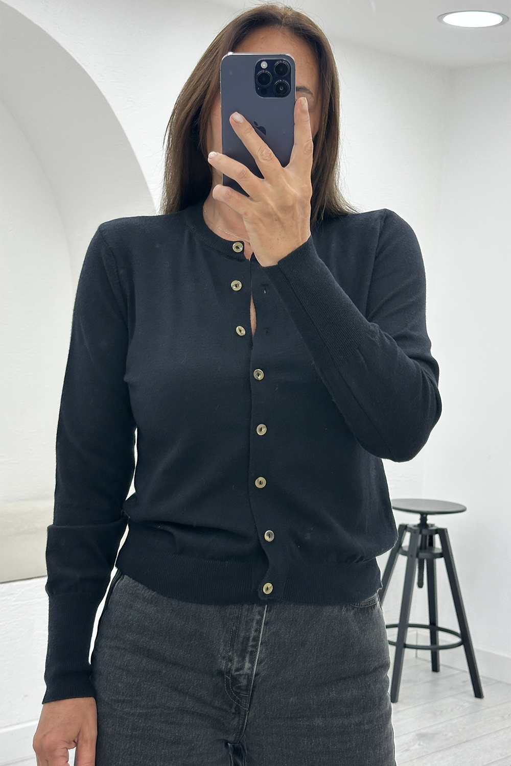 Siyah Kemik Düğmeli Lyocell İplik Hırka 3077