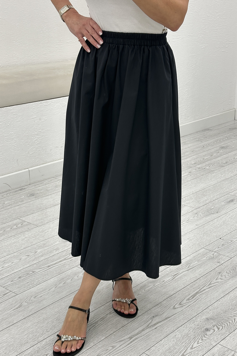 Siyah Poplin Midi Etek 3907