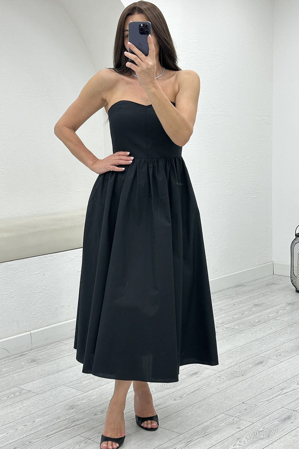 Siyah Straplez Poplin Elbise 3906