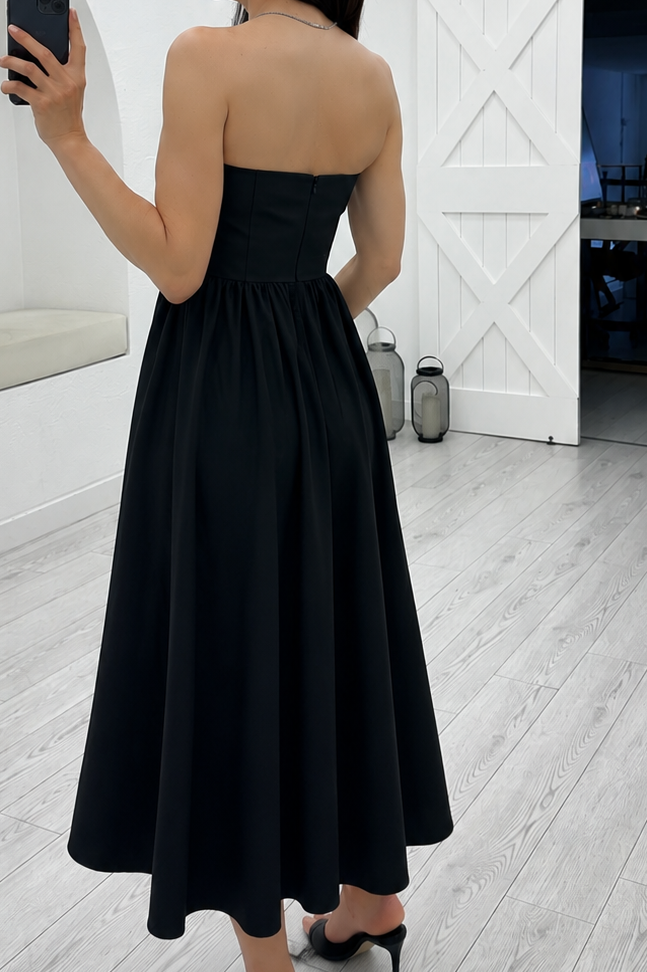 Siyah Straplez Poplin Elbise 3906