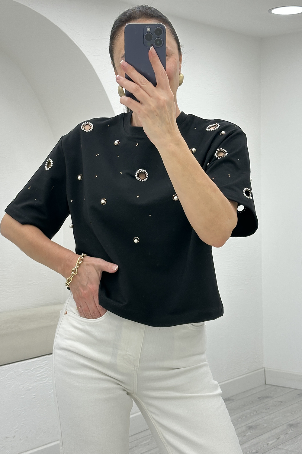 Siyah Taş İşlemeli Tshirt 37416
