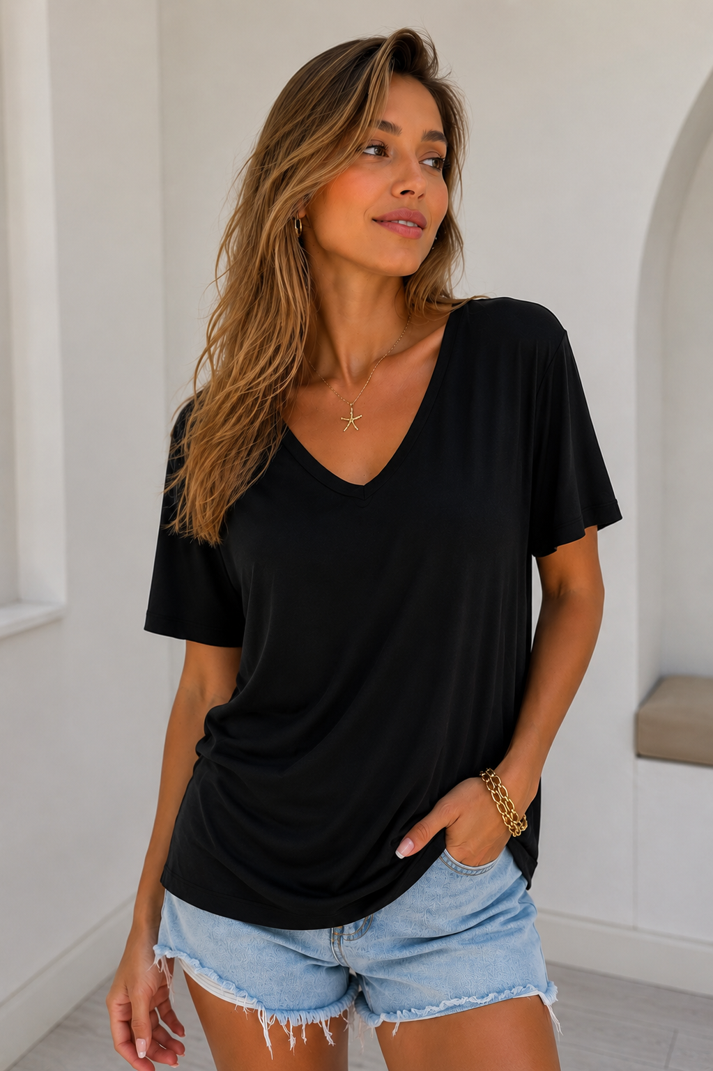 Siyah V Yaka Modal Tshirt 4069