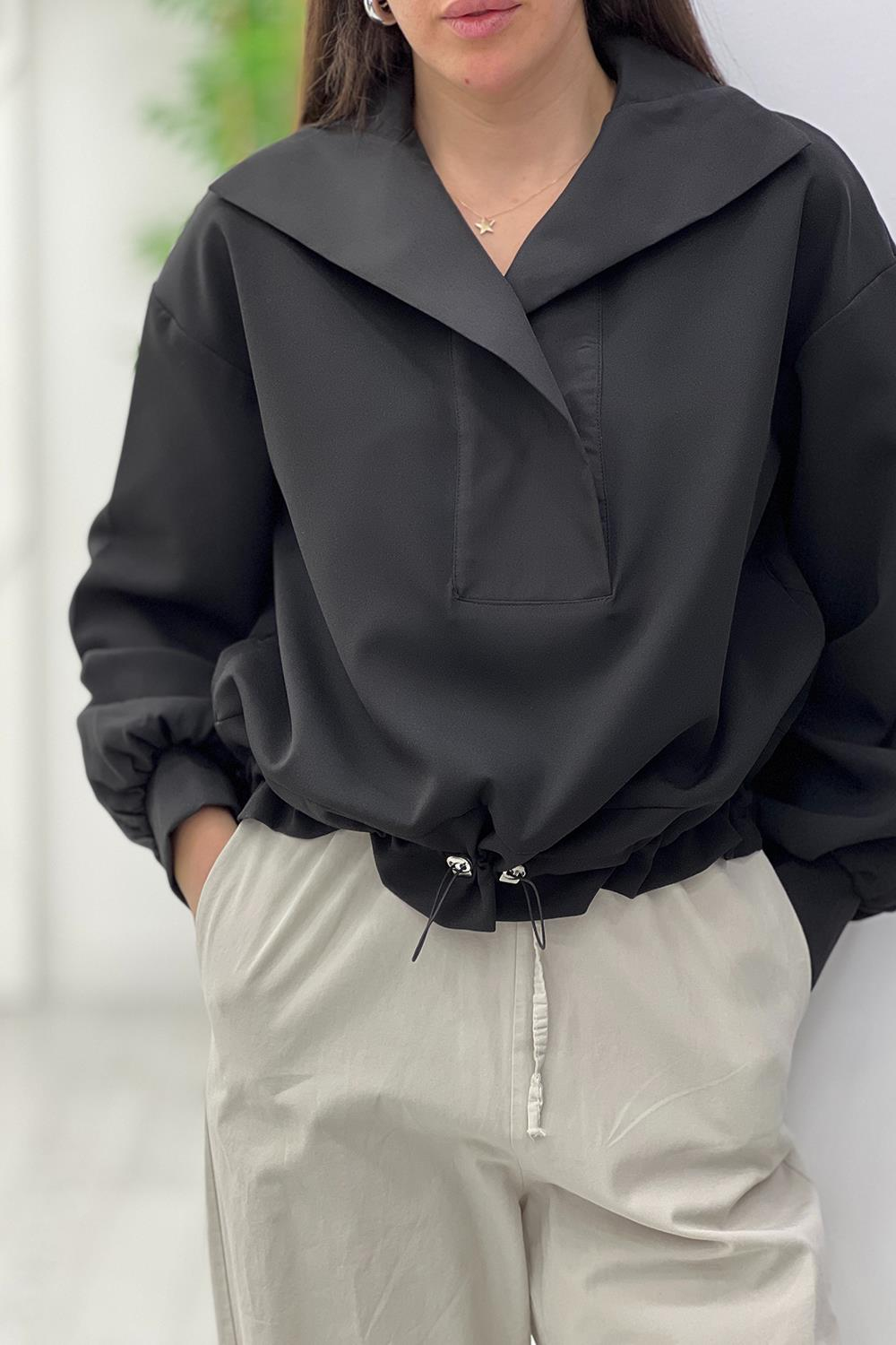 Siyah Yakası Poplin Detay Sweatshirt 34085
