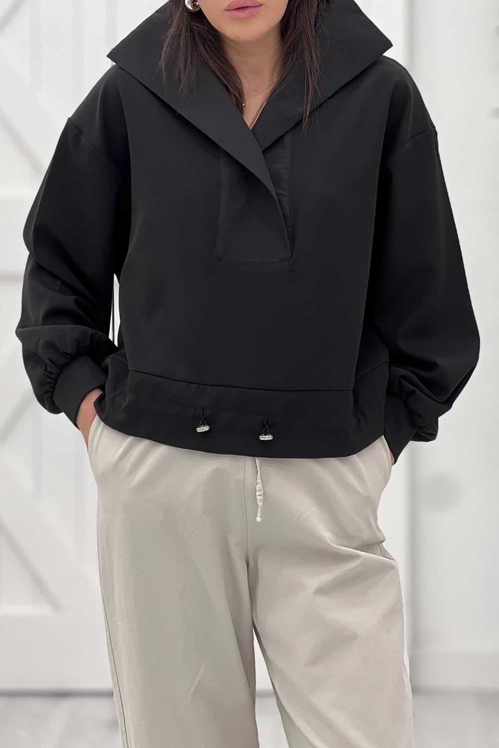 Siyah Yakası Poplin Detay Sweatshirt 34085