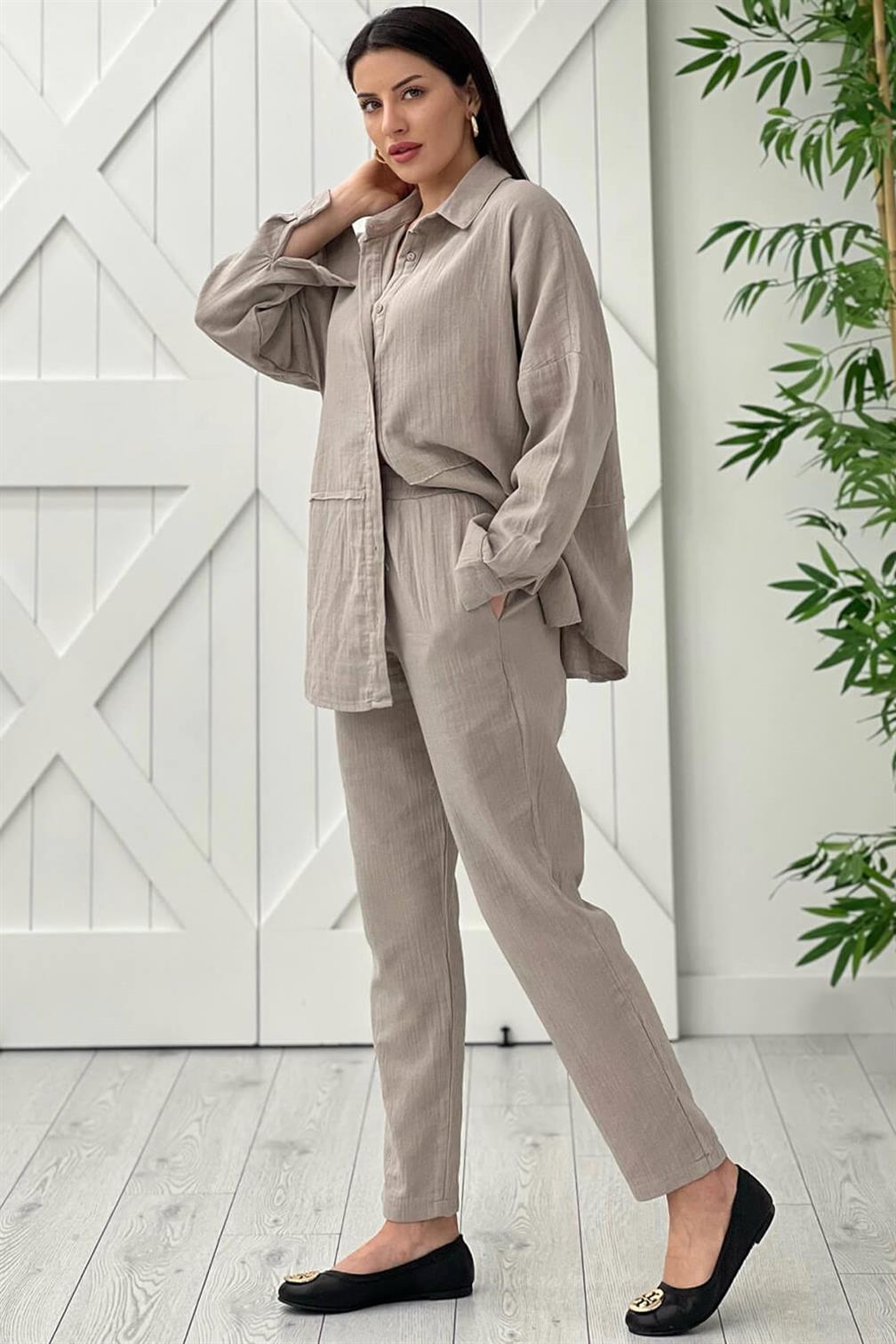 Taş Keten Gömlek Pantolon Takım 0254