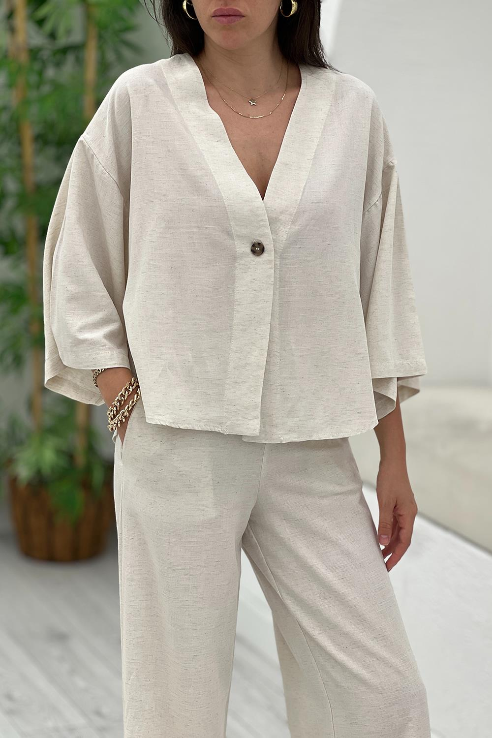 Taş Keten Kimono Pantolon Takım 05139