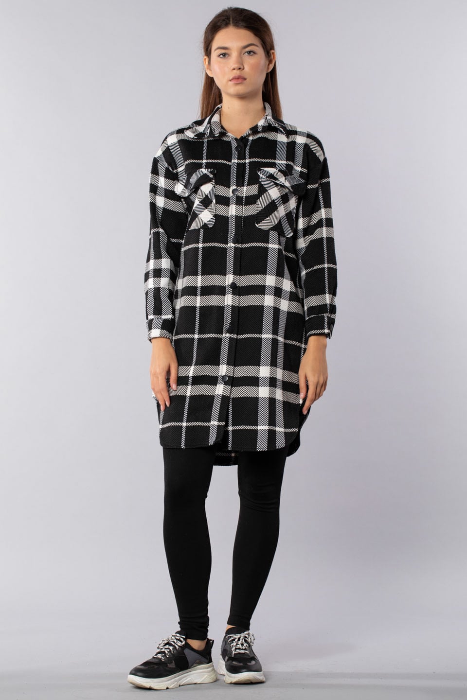 -Çift cepli önden düğmeli tunik gömlek-8007 Siyah