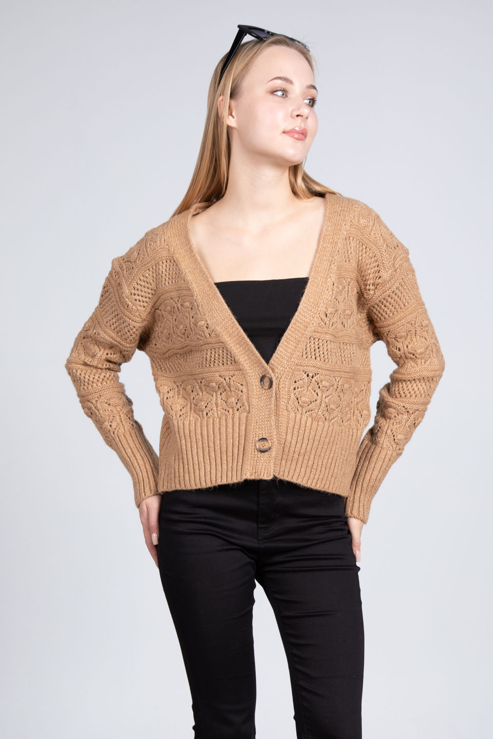 2 düğmeli triko hırka-4053 Camel
