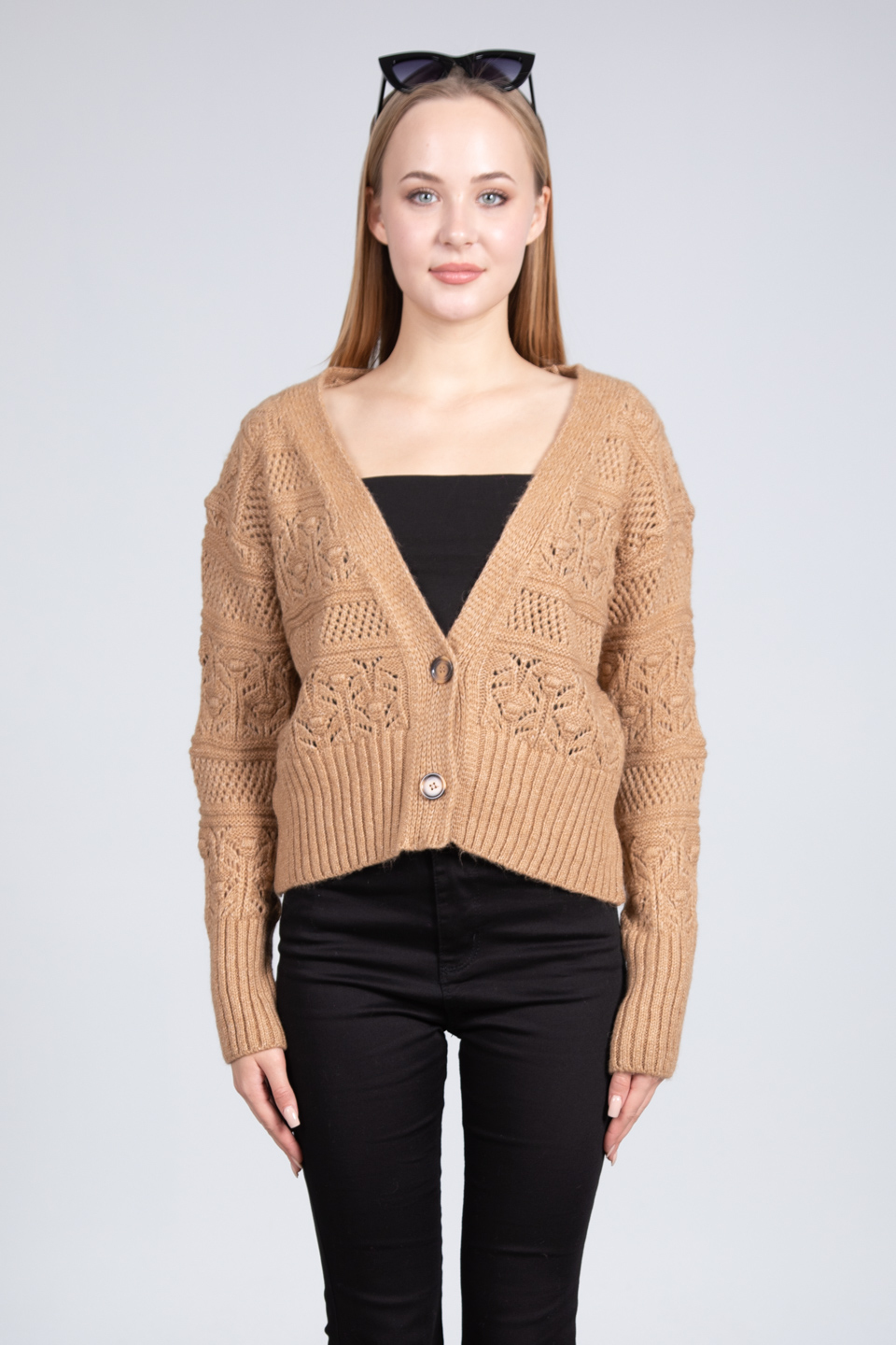 2 düğmeli triko hırka-4053 Camel
