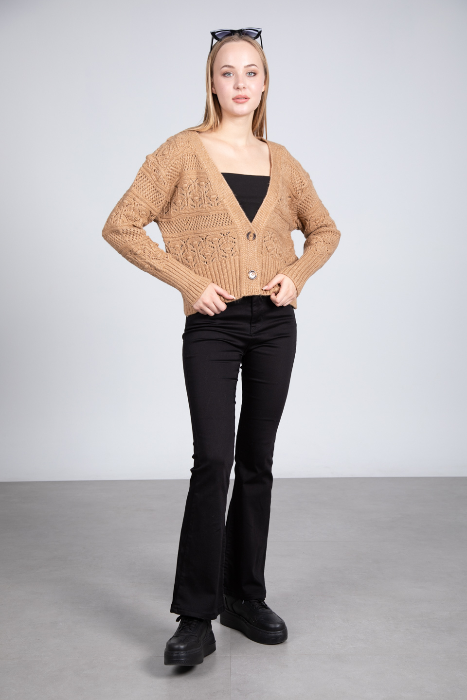 2 düğmeli triko hırka-4053 Camel