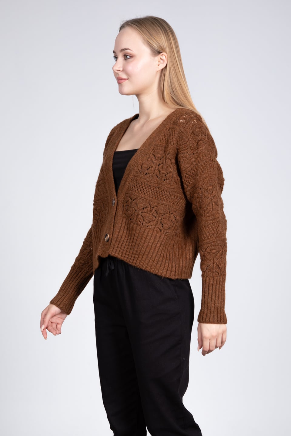 2 düğmeli triko hırka-4053 Kahve