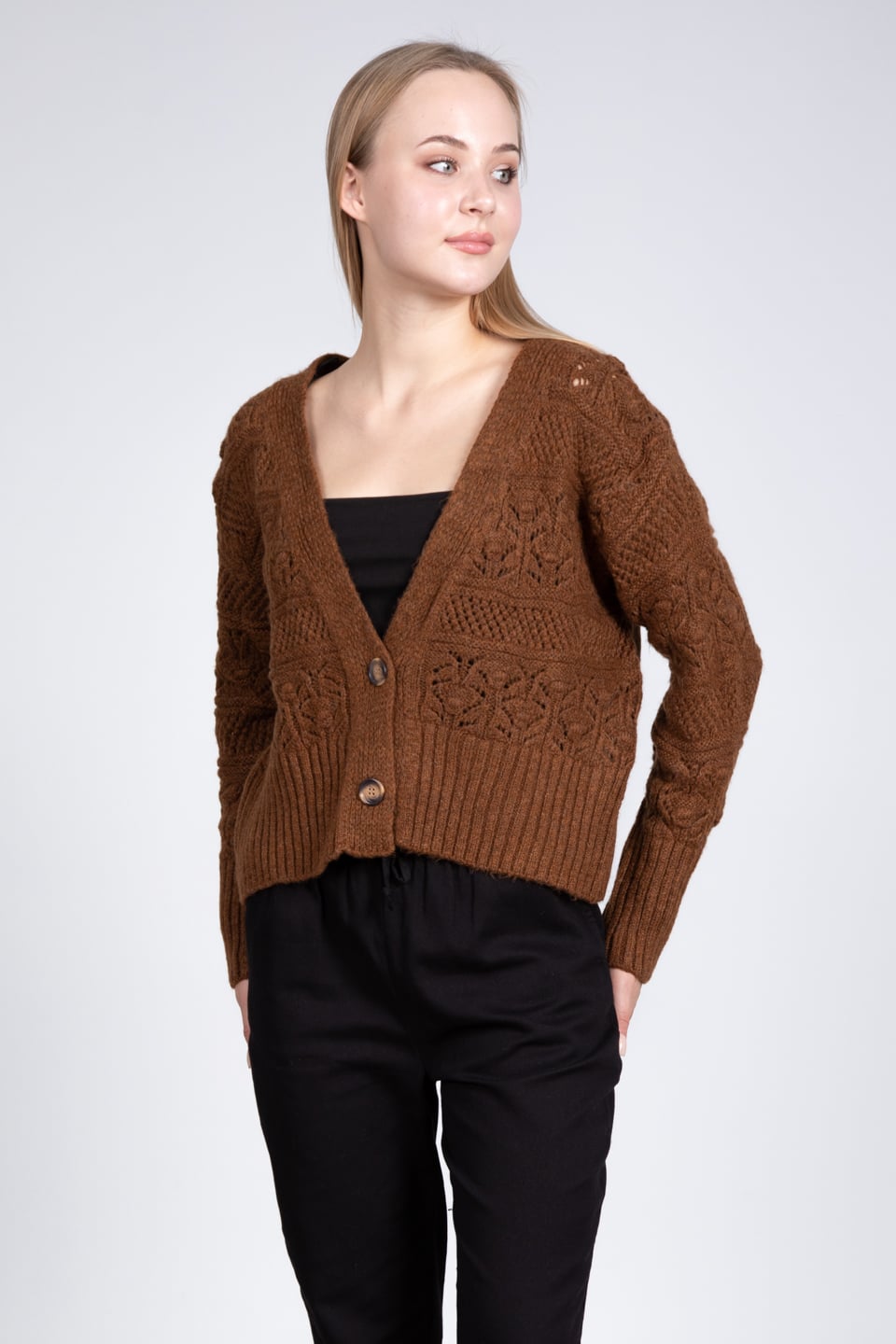 2 düğmeli triko hırka-4053 Kahve