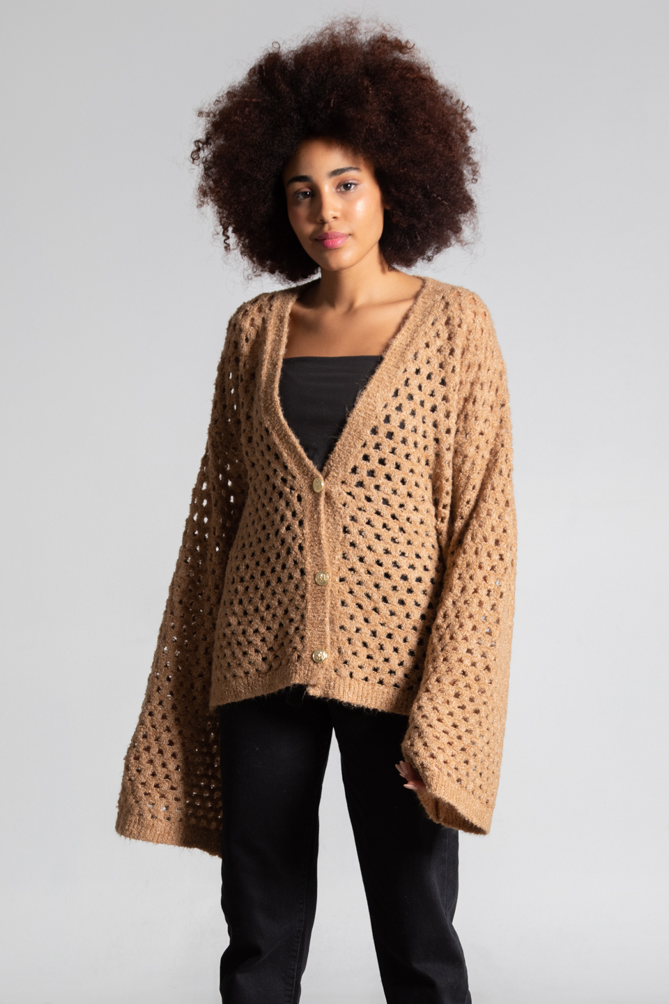 3 düğmeli ajurlu hırka-4055 Camel