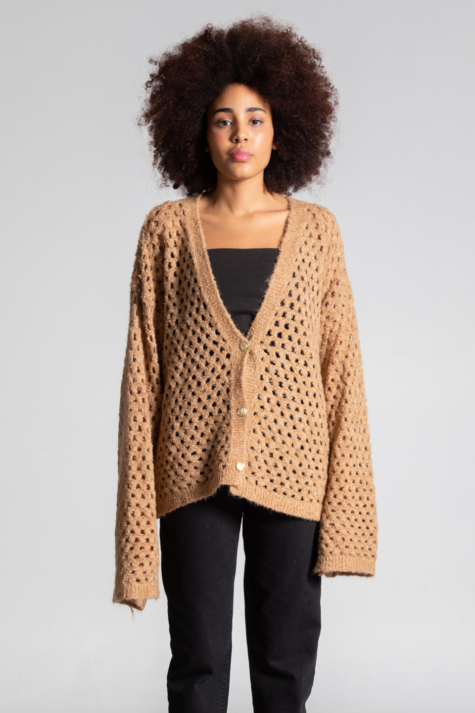 3 düğmeli ajurlu hırka-4055 Camel