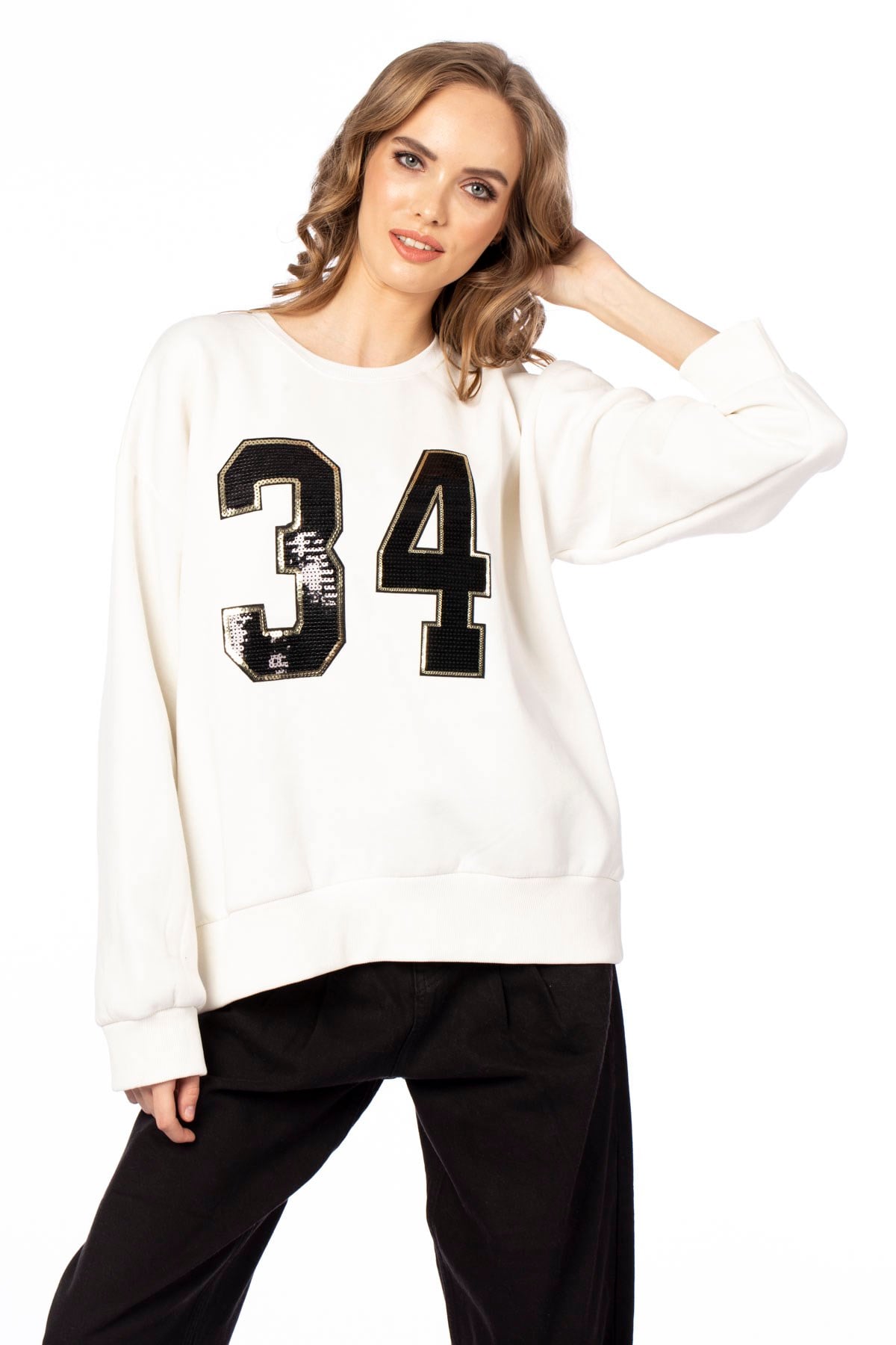 34 pul nakışlı sweatshirt-303 Ekru