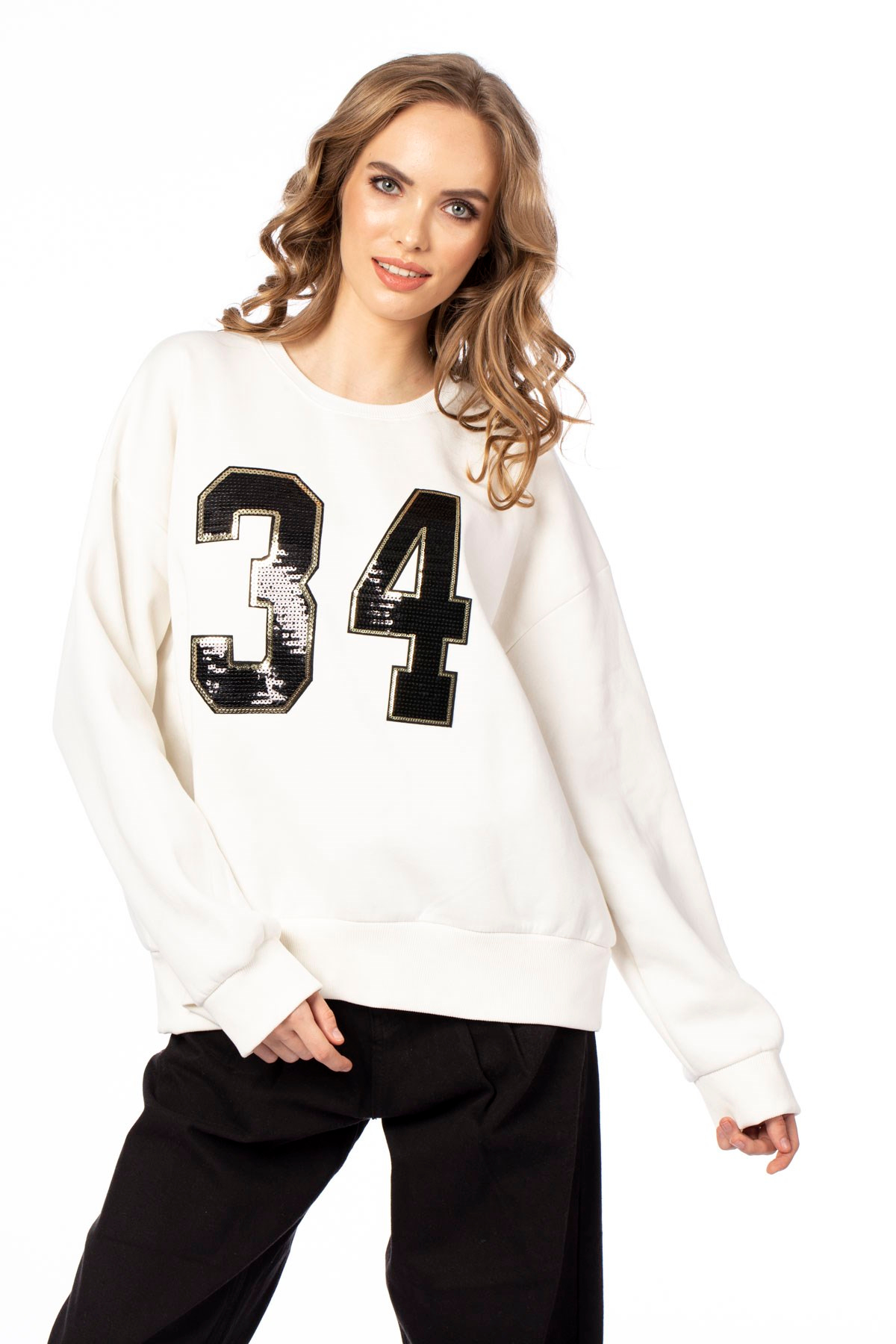 34 pul nakışlı sweatshirt-303 Ekru