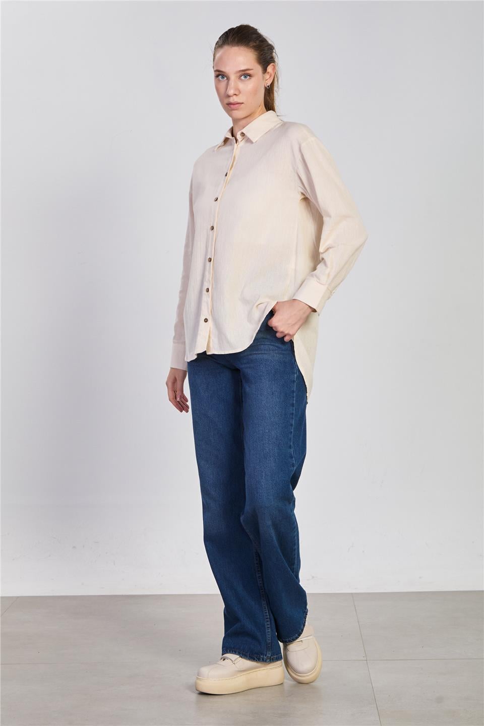Ahşap düğmeli oversize gömlek-4601 Taş
