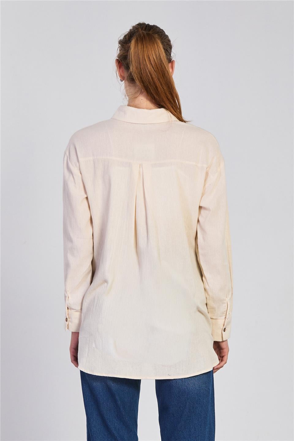 Ahşap düğmeli oversize gömlek-4601 Taş