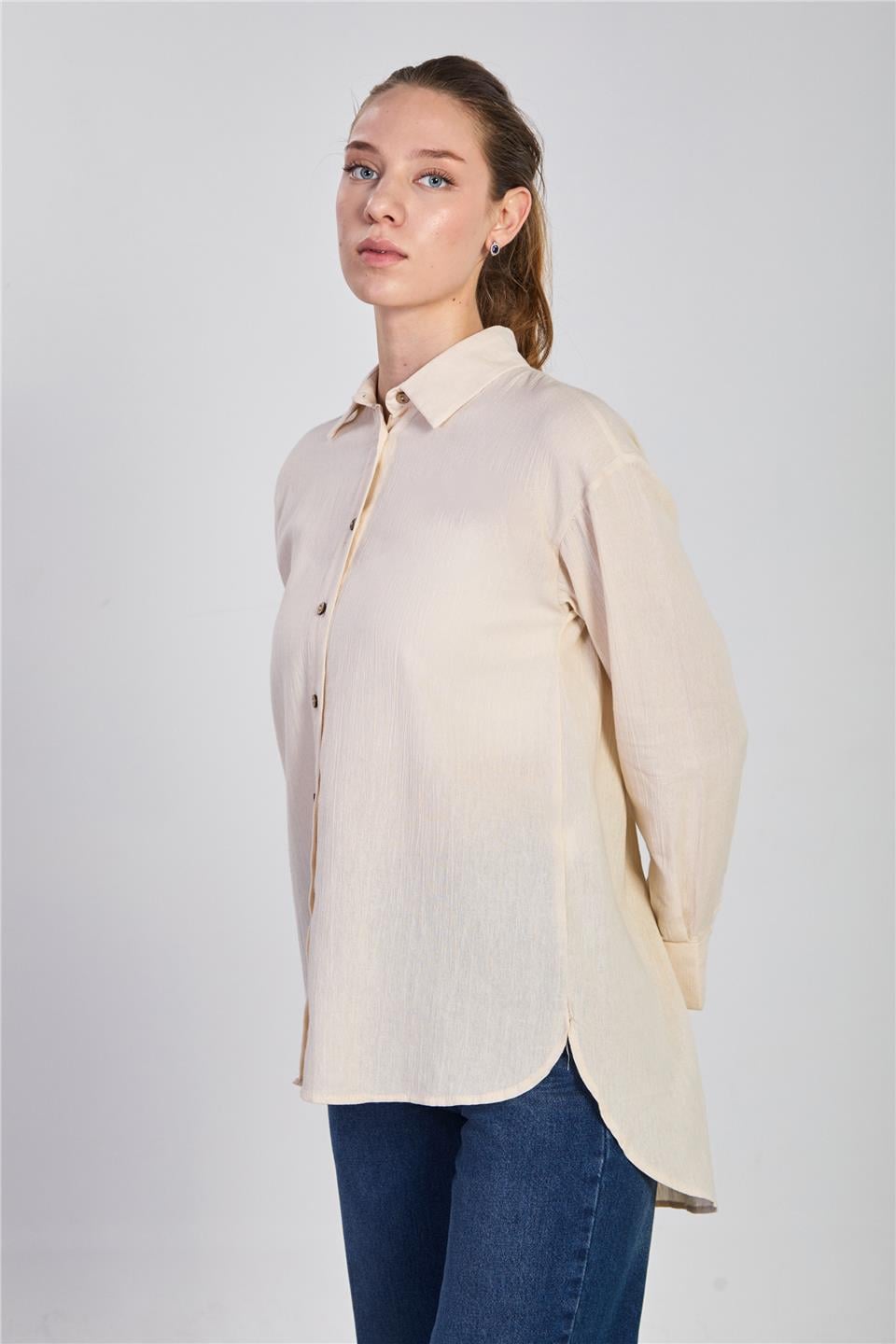 Ahşap düğmeli oversize gömlek-4601 Taş