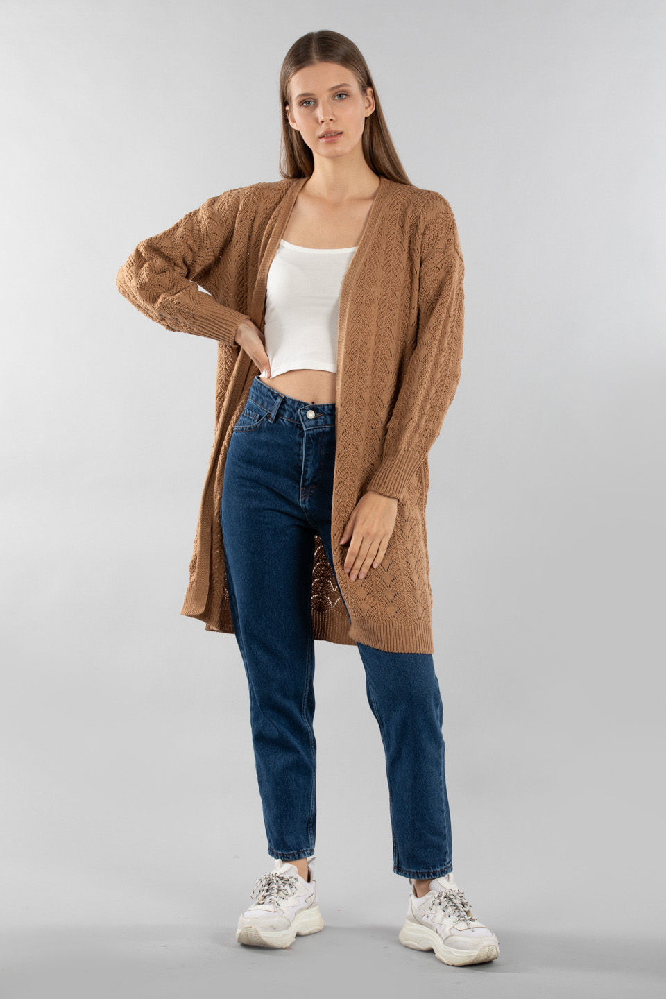 Ajur desen triko hırka-6121 Vizon