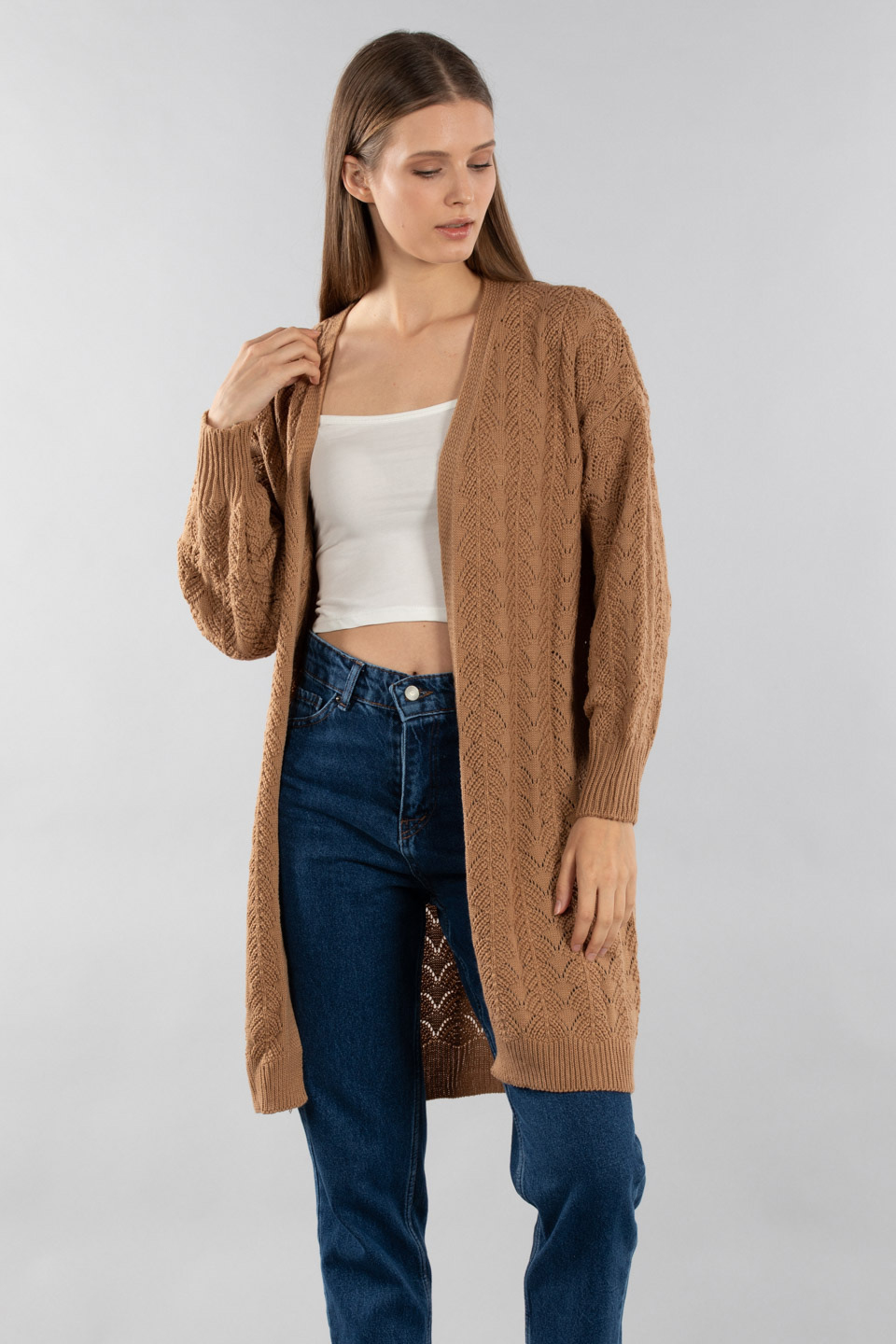 Ajur desen triko hırka-6121 Vizon