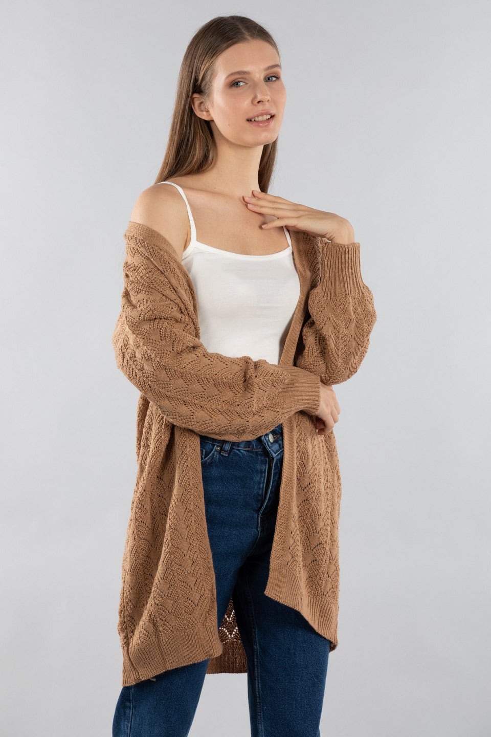 Ajur desen triko hırka-6121 Vizon