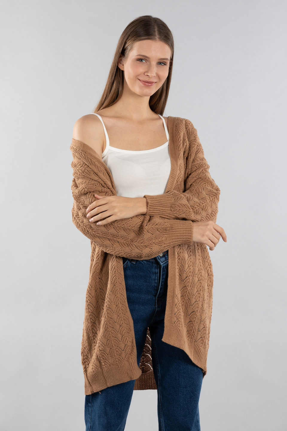 Ajur desen triko hırka-6121 Vizon