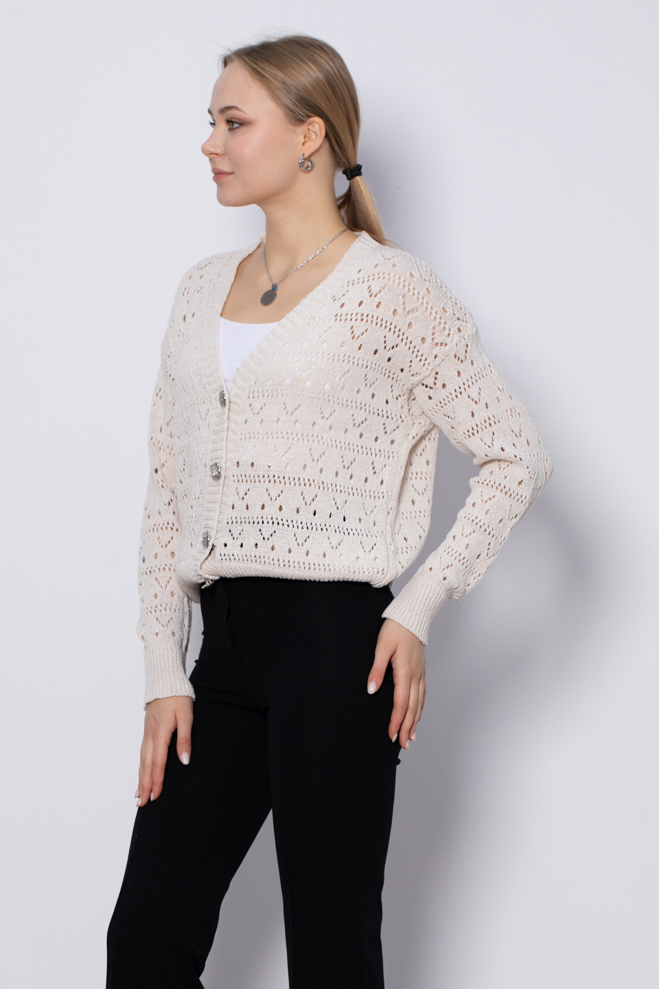 Ajurlu 4 düğmeli hırka-4088 Taş