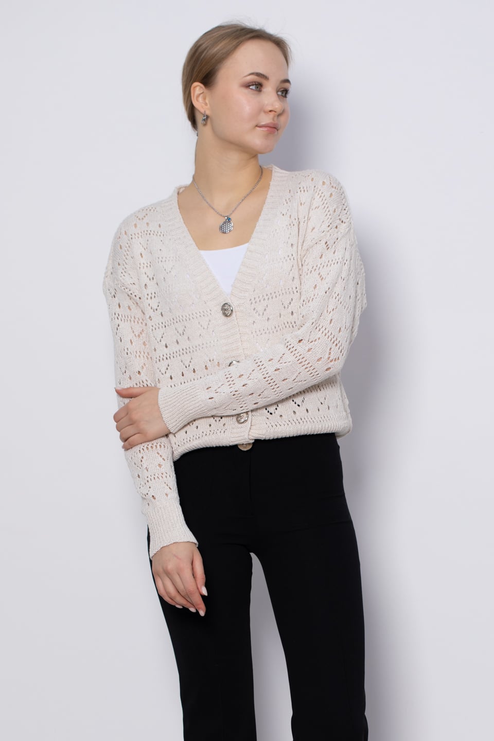 Ajurlu 4 düğmeli hırka-4088 Taş